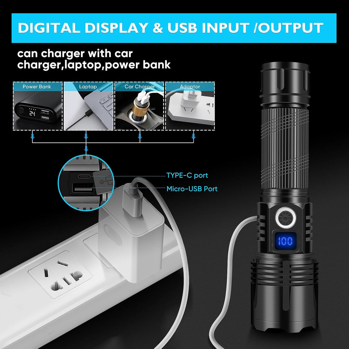 SEDOL Ultra-Bright Rechargeable LED Torch | 1000000 Lumen High-Powered XHP70 Chip Flashlight with Smart LCD Power Display | 5 Light Modes & Zoomable Beam | Waterproof Aviation-Grade Aluminum for Camping Hiking and Emergencies