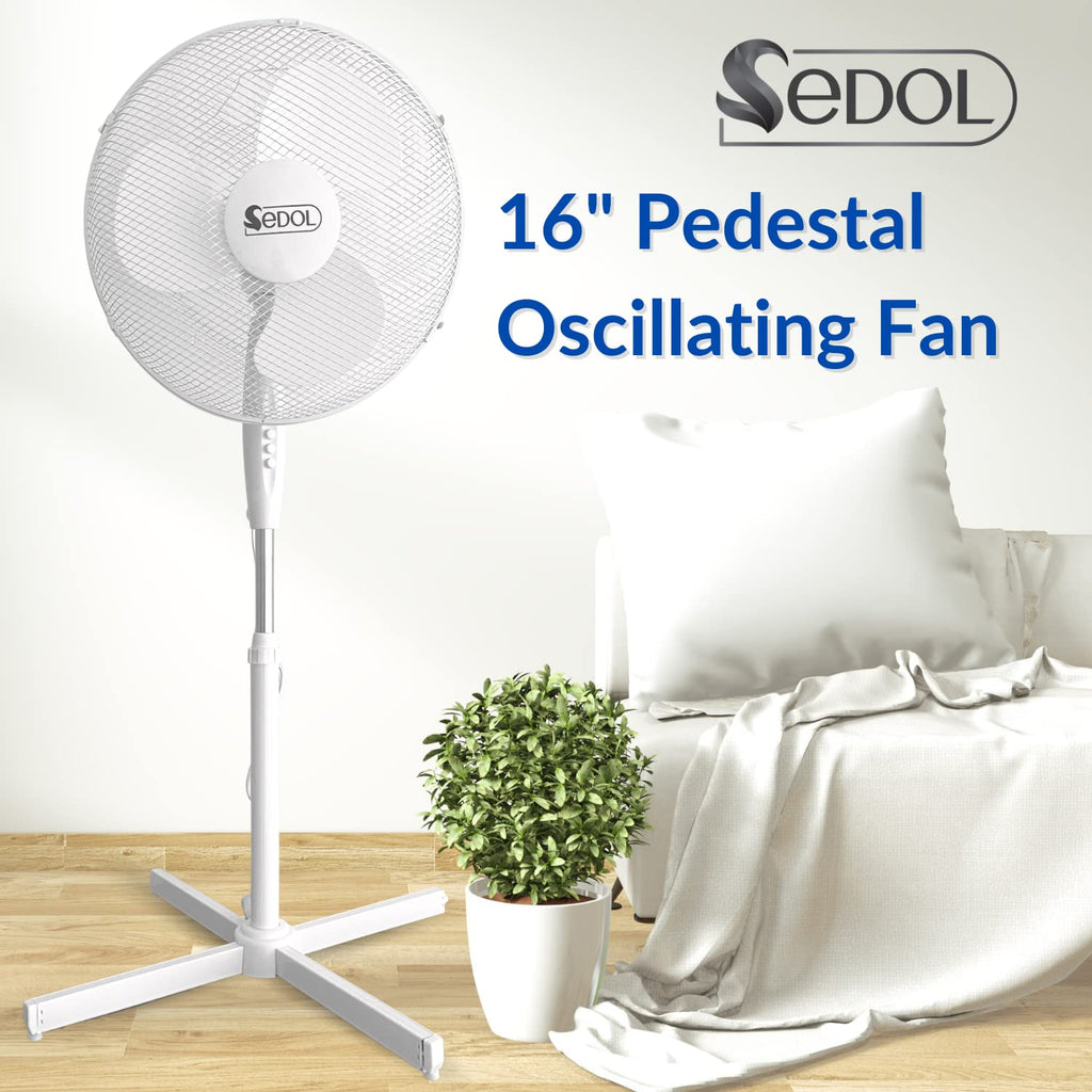 Sedol Pedestal Fan - 16" Oscillating Fan with 3 Speed, Adjustable Height, and Tilting Head
