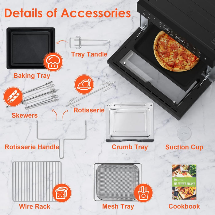 SEDOL 30L Air Fryer Oven XXL with Rotisserie 1800W Digital Countertop Convection Oven 20 Cooking Presets 360° Hot Air Circulation 9 Accessories Included for Whole Chicken and 13 Inch Pizza Black