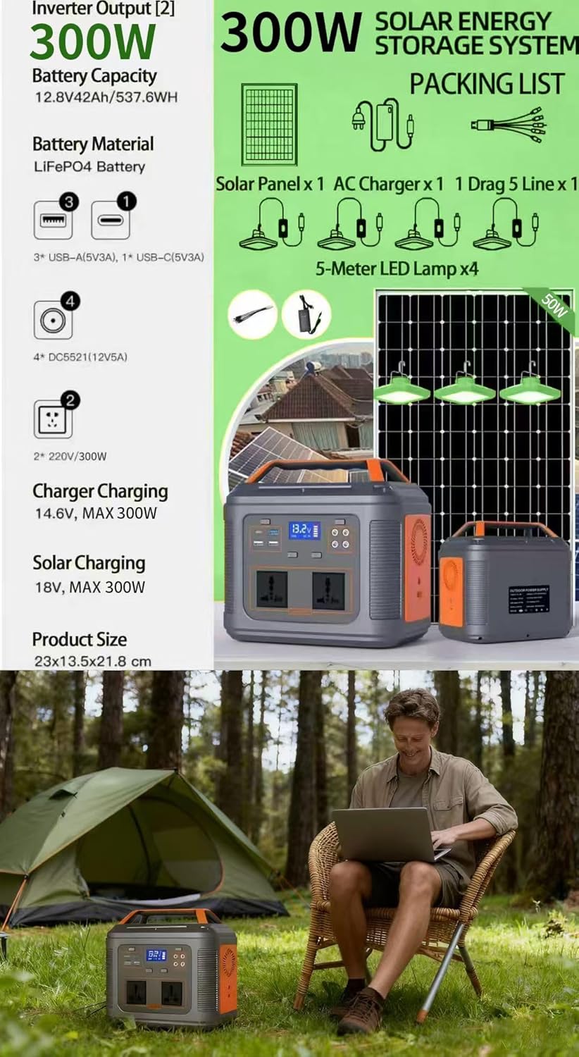 SEDOL 300W Portable Power Station with 50W Solar Panel LiFePO4 Battery Solar Generator 240V AC Outlet USB-C PD Fast Charging Emergency Backup Power for Camping RVs and Home Power Cuts
