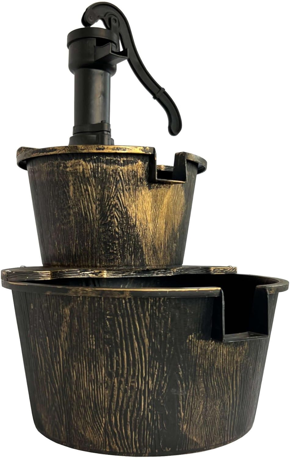 SEDOL 2-Tier Cascading Barrel Water Feature | Rustic Wood-Effect Garden Fountain with Bronze Pump | Self-Contained Mains Powered Outdoor Water Ornament for Patios and Balconies