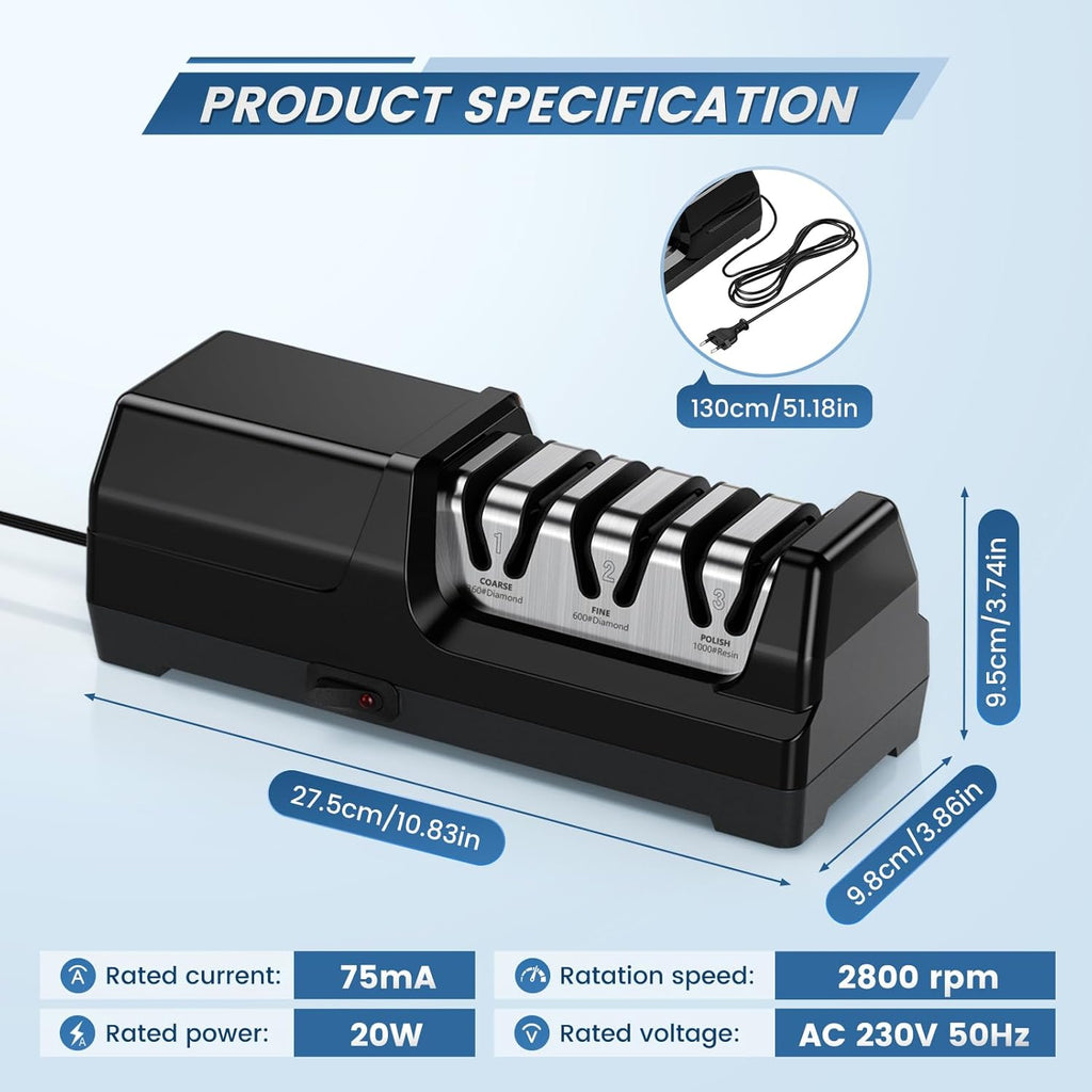 SEDOL 3-Stage Electric Knife Sharpener | Professional 100% Diamond Abrasive System | 20-Degree Precision Angle Guide with Magnetic Debris Collector and 2800 RPM Motor