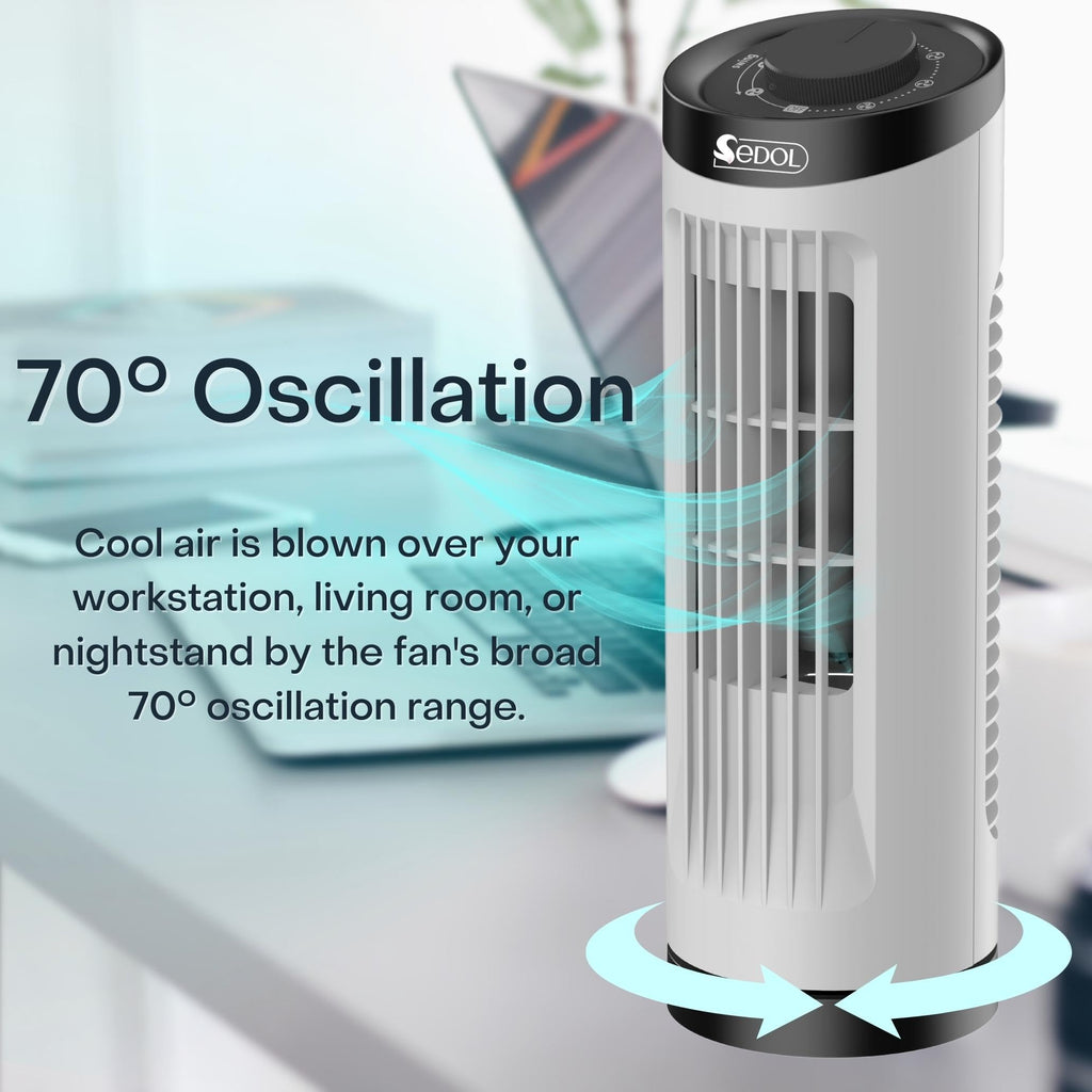 Sedol 13" Portable Mini Tower Fan - 70° Oscillating Fan with 3 Speed Settings