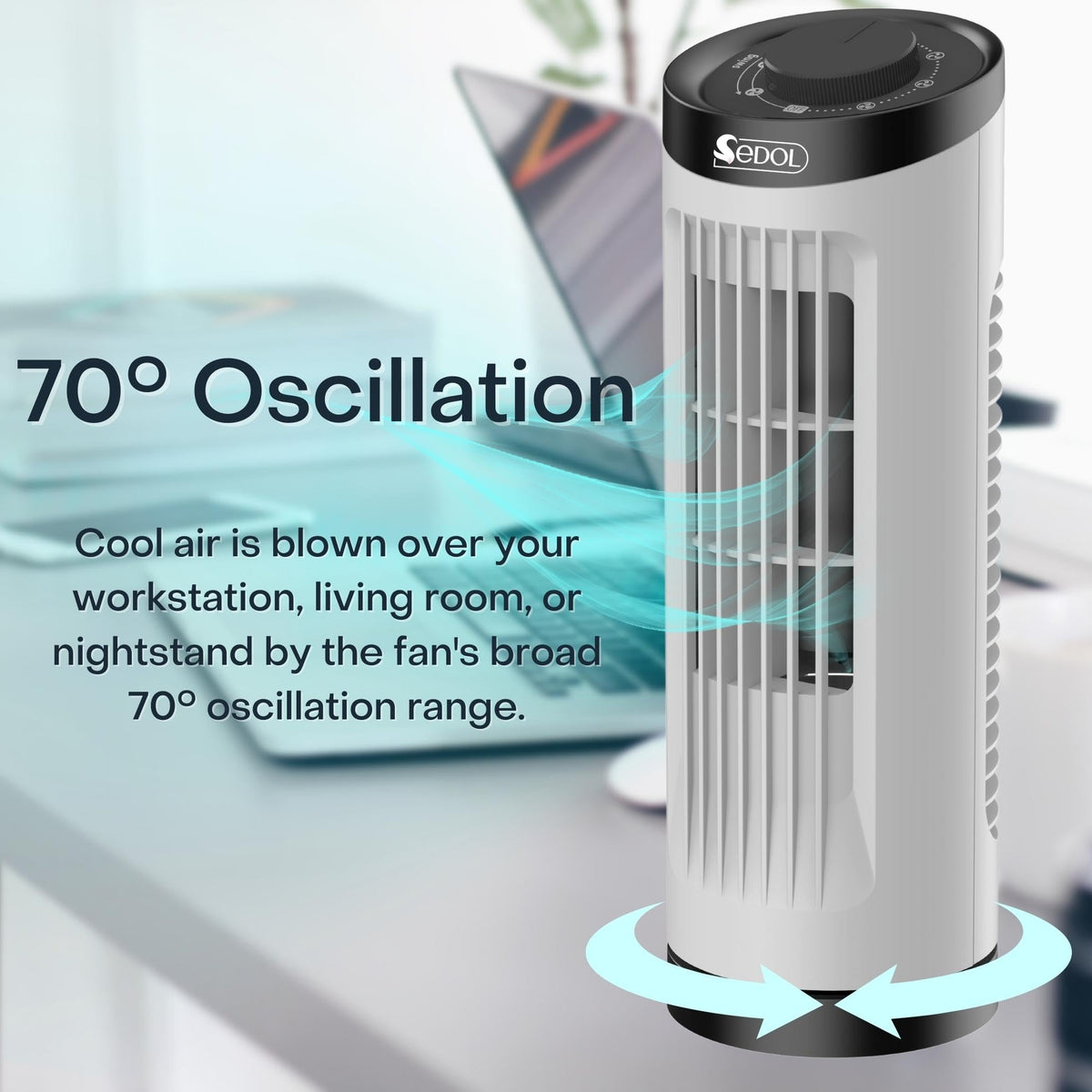 Sedol 13" Portable Mini Tower Fan - 70° Oscillating Fan with 3 Speed Settings