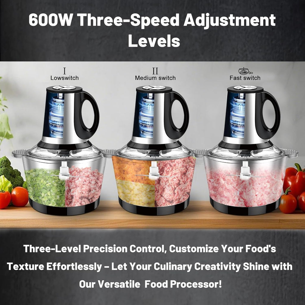 SEDOL Electric Mini Food Chopper 600W Meat Grinder 2L Stainless Steel Bowl 3-Speed Food Processor for Mincing Meat Vegetables and Baby Food 4D Bi-Level Blades Portable Mincer Silver