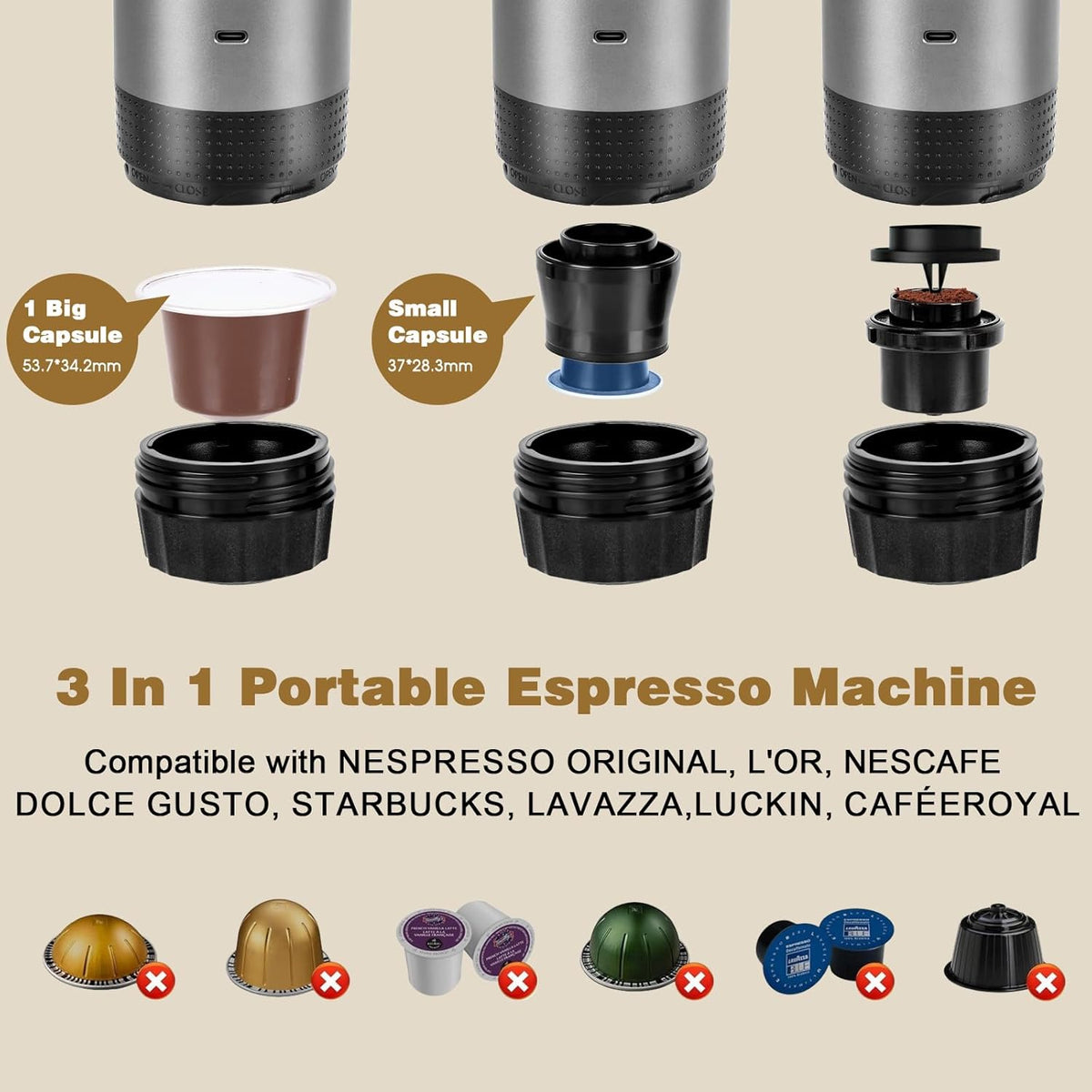 SEDOL 3-in-1 Electric Portable Espresso Maker | Self-Heating Coffee Machine with 20-Bar Pressure | 7500mAh Rechargeable Battery | Compatible with Large & Small Capsules and Ground Coffee for Camping Car and Travel
