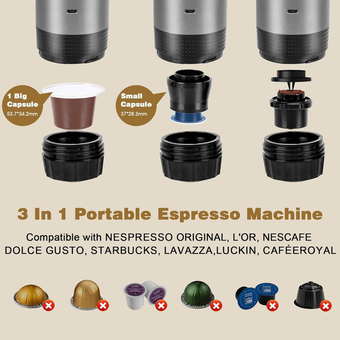 SEDOL 3-in-1 Electric Portable Espresso Maker | Self-Heating Coffee Machine with 20-Bar Pressure | 7500mAh Rechargeable Battery | Compatible with Large & Small Capsules and Ground Coffee for Camping Car and Travel