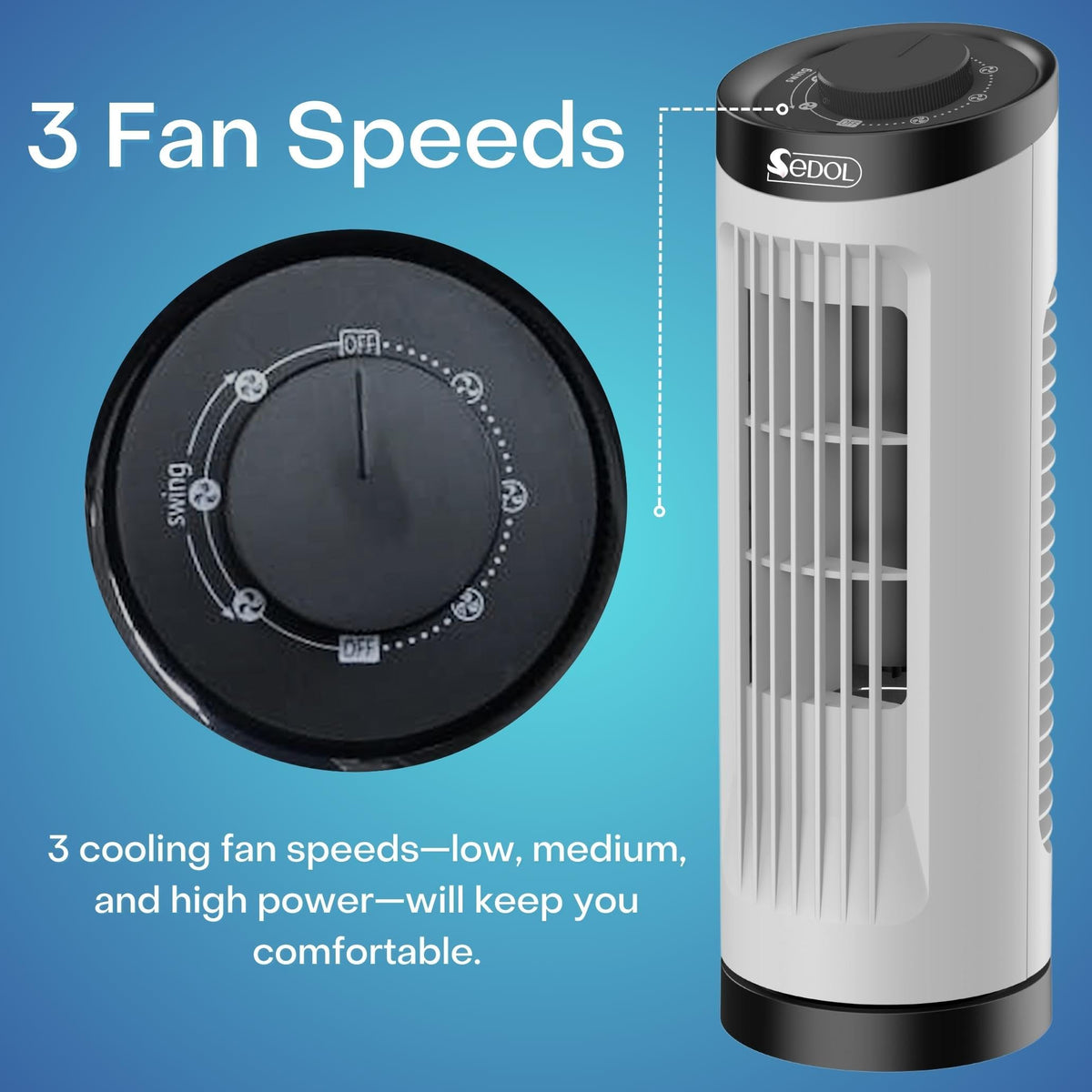 Sedol 13" Portable Mini Tower Fan - 70° Oscillating Fan with 3 Speed Settings