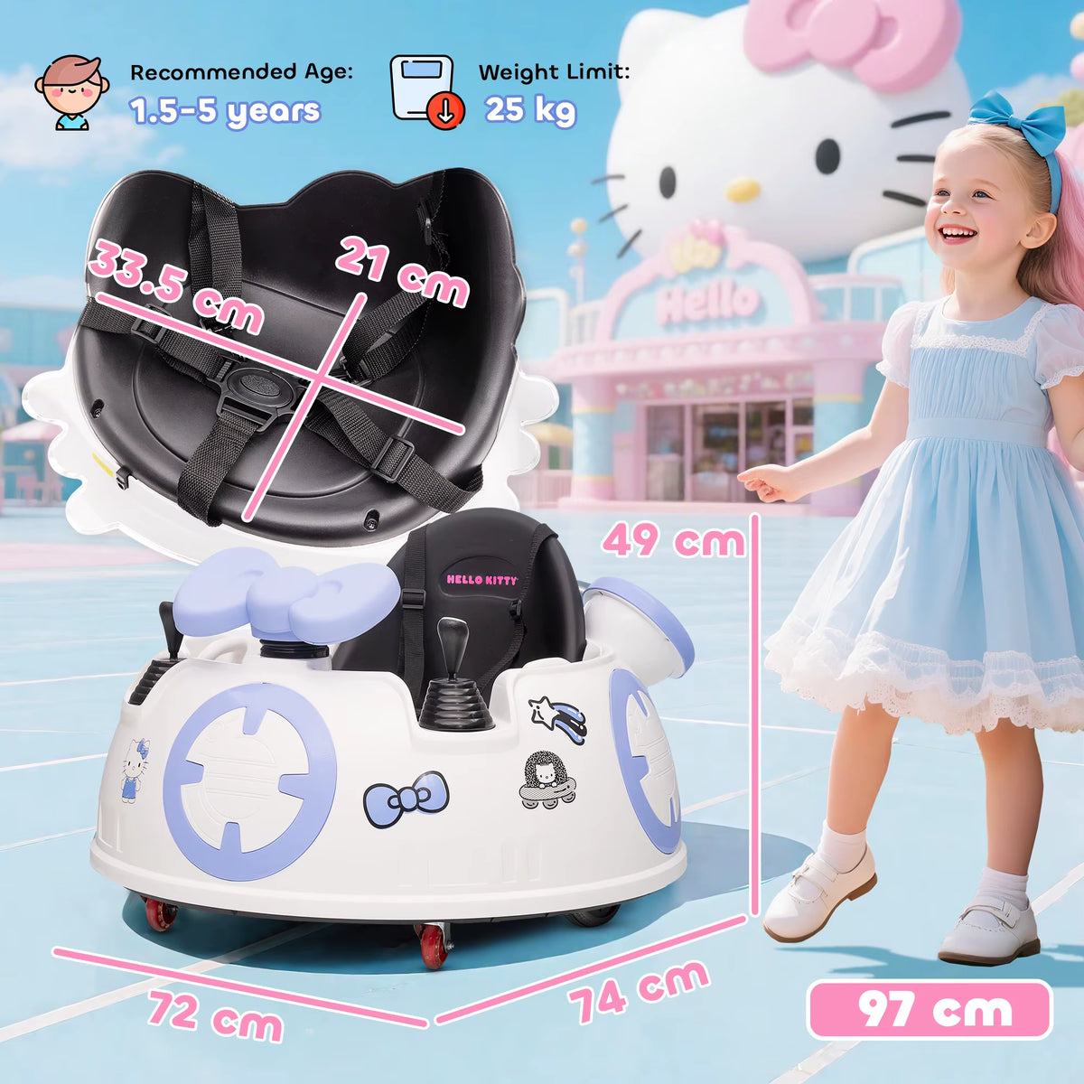 SEDOL Hello Kitty Kids 6V Bumper Car with Parental Remote Control 360° Spin Waltz Car with USB Music Player LED Headlights and Official Sanrio Aesthetic