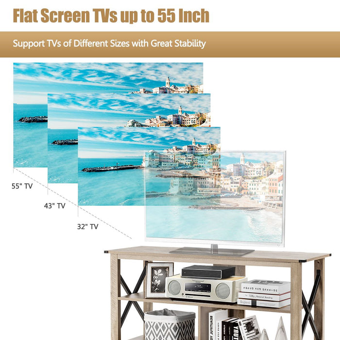 3-Tier Rustic TV Stand with Open Shelves and Cable Management