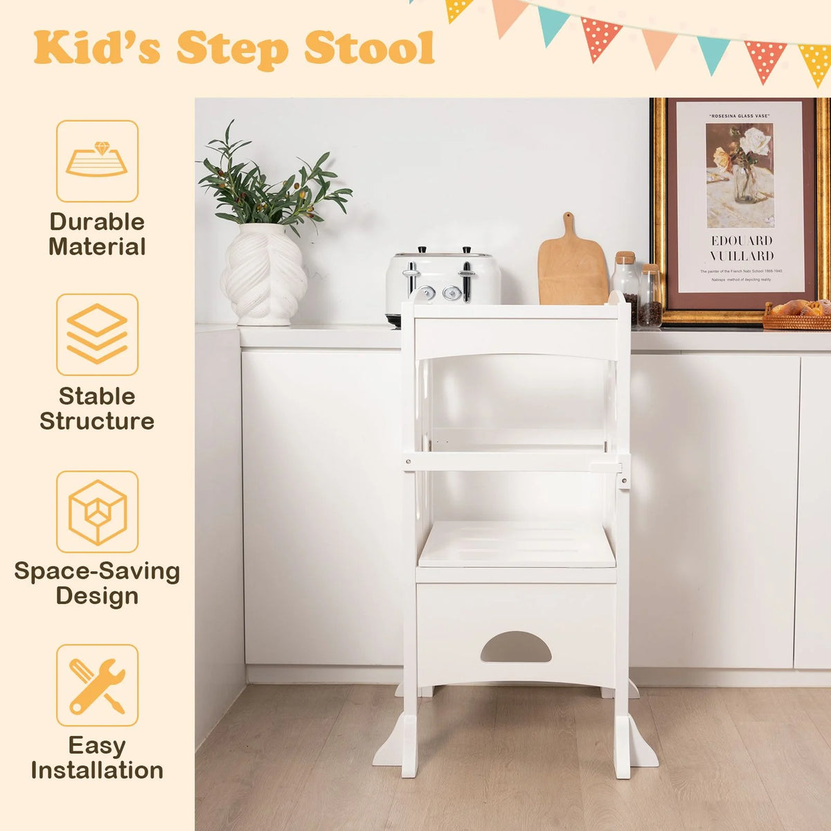 SEDOL Folding Montessori Learning Tower for Toddlers Space-Saving Height Adjustable Kitchen Helper Stool with Safety Latches and Full-Surround Guardrails