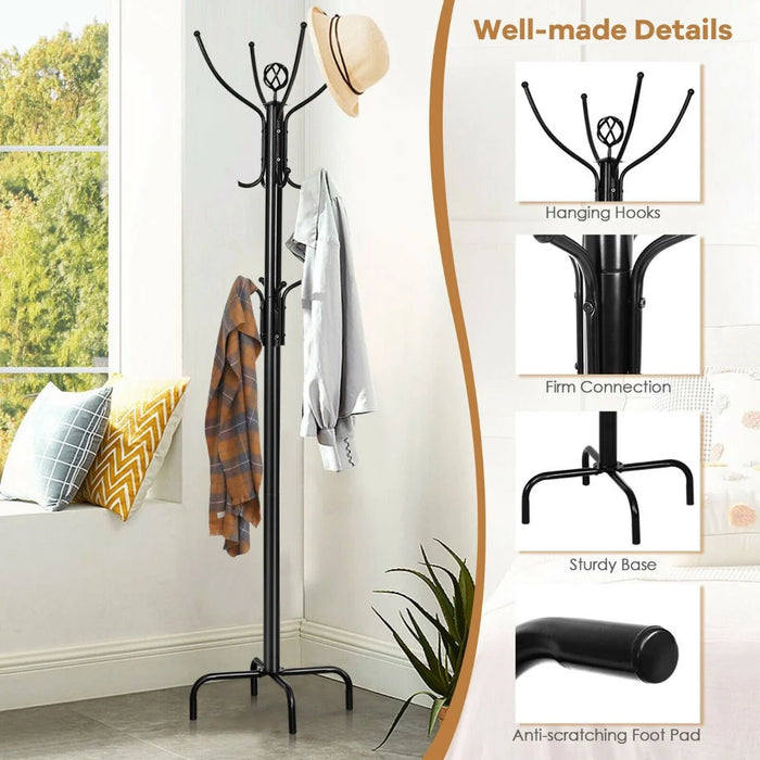 Modern Freestanding Metal Coat Stand with 12 Hooks