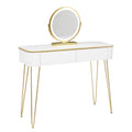 SEDOL White Dressing Table with Gold Metal Legs and LED Lighted Mirror Modern Vanity Desk with 2 Solid Wood Drawers Makeup Table for Elegant Bedroom Decor