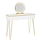 SEDOL White Dressing Table with Gold Metal Legs and LED Lighted Mirror Modern Vanity Desk with 2 Solid Wood Drawers Makeup Table for Elegant Bedroom Decor