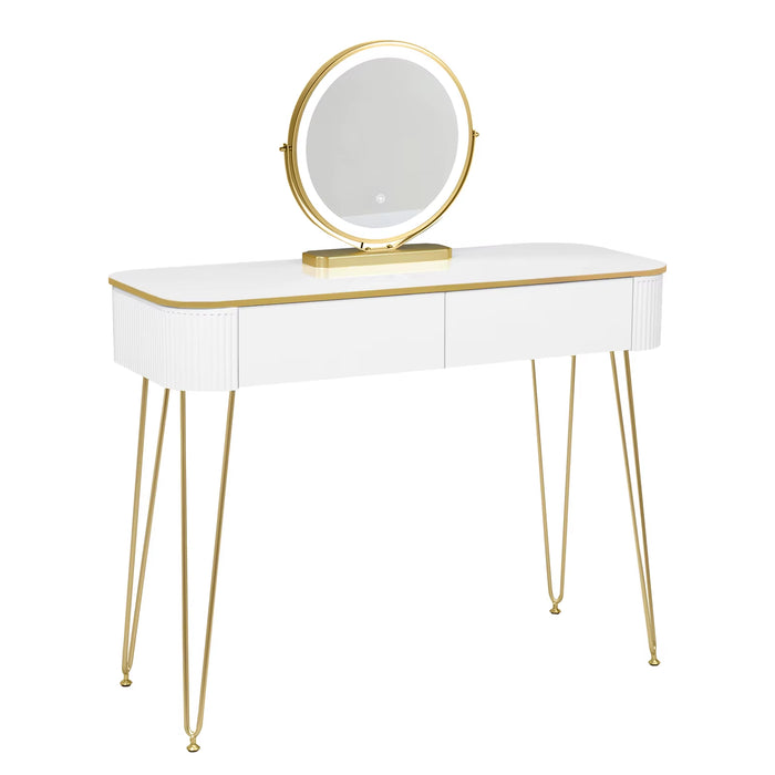 SEDOL White Dressing Table with Gold Metal Legs and LED Lighted Mirror Modern Vanity Desk with 2 Solid Wood Drawers Makeup Table for Elegant Bedroom Decor