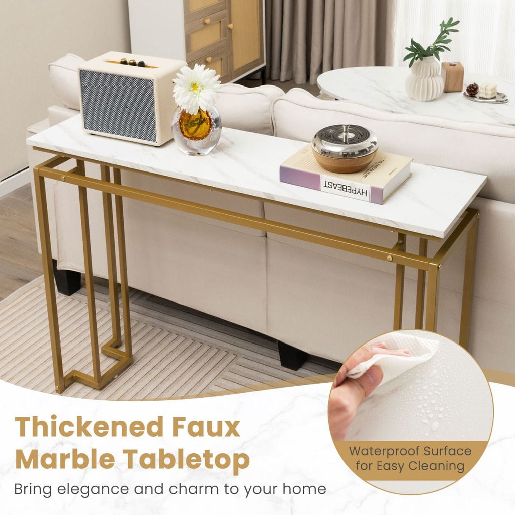 Gold Console Table – Faux Marble Top & Geometric Metal Frame