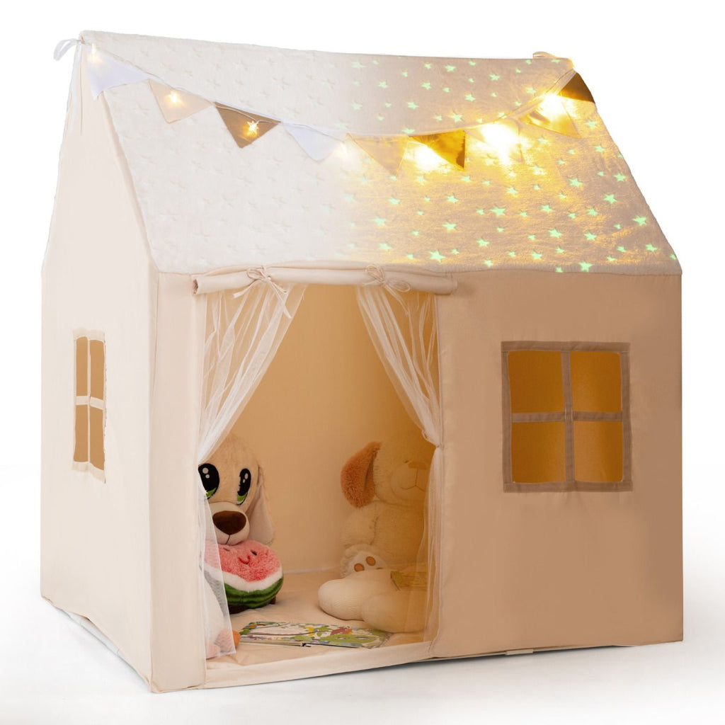 SEDOL Kids Play Tent with Glow-in-the-Dark Stars & Padded Mat Beige Indoor Playhouse with Fairy Lights and Bunting for Toddlers Nursery and Sensory Corner