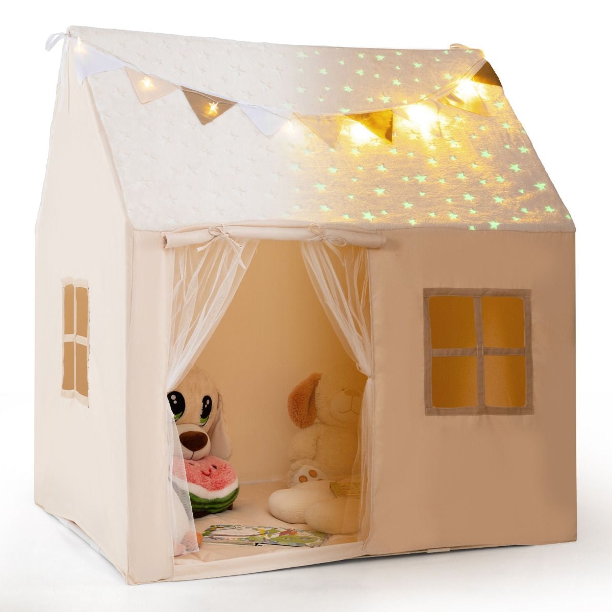 SEDOL Kids Play Tent with Glow-in-the-Dark Stars & Padded Mat Beige Indoor Playhouse with Fairy Lights and Bunting for Toddlers Nursery and Sensory Corner