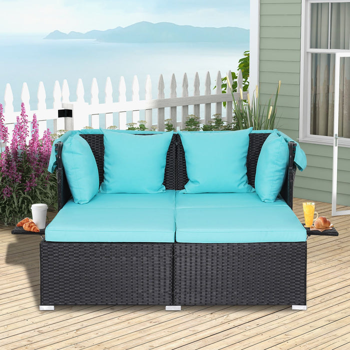 Rattan Daybed with Retractable Canopy, Cushions & Side Trays