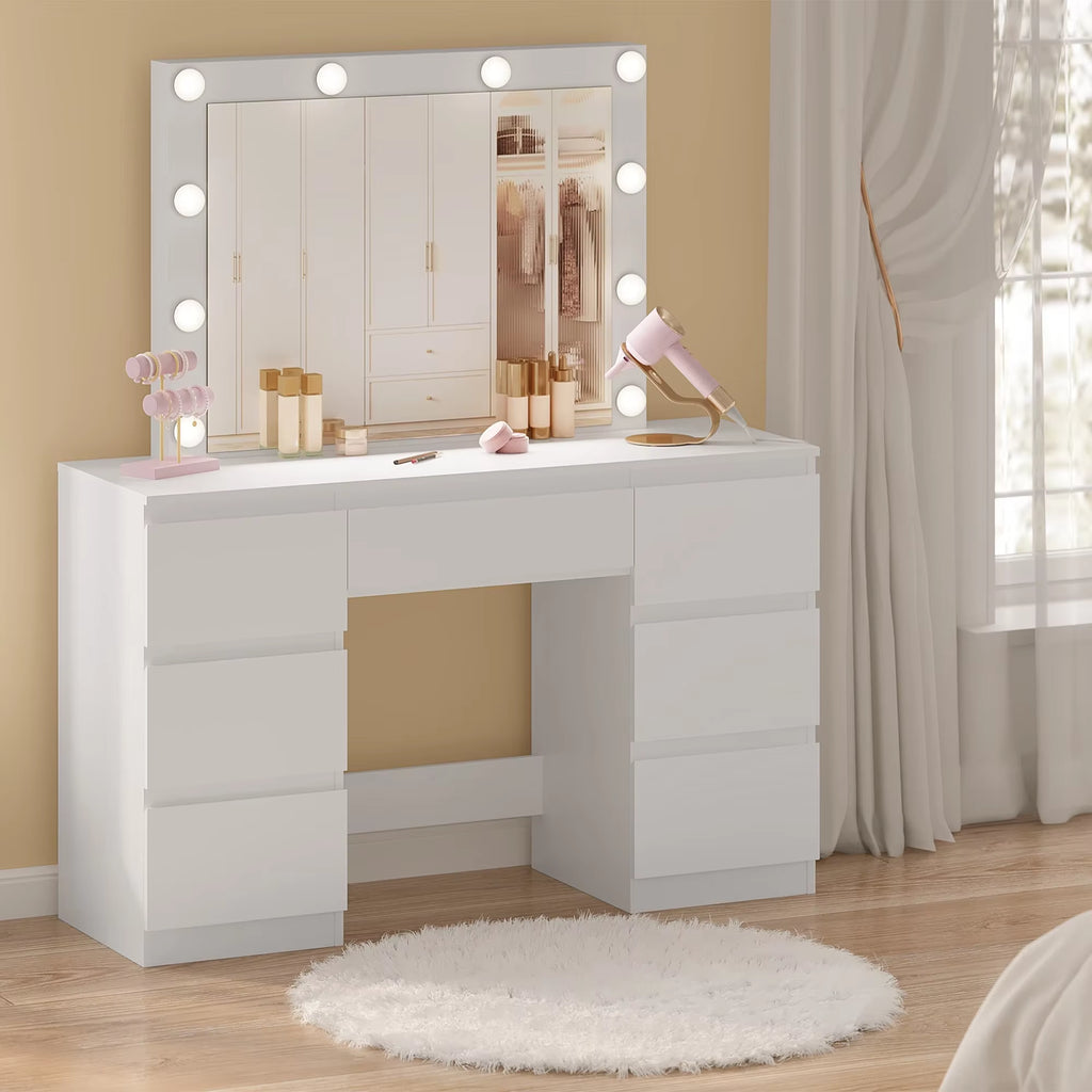 SEDOL Dressing Table with Large LED Mirror and 7 Drawers Modern Vanity Desk with Built-in Charging Station USB Ports Makeup Table for Bedroom White Finish