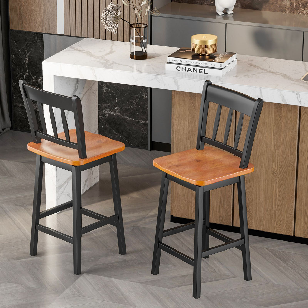 Set of 2 97Cm Swivel Rubber Wood Bar Stools with Backrest and Footrest