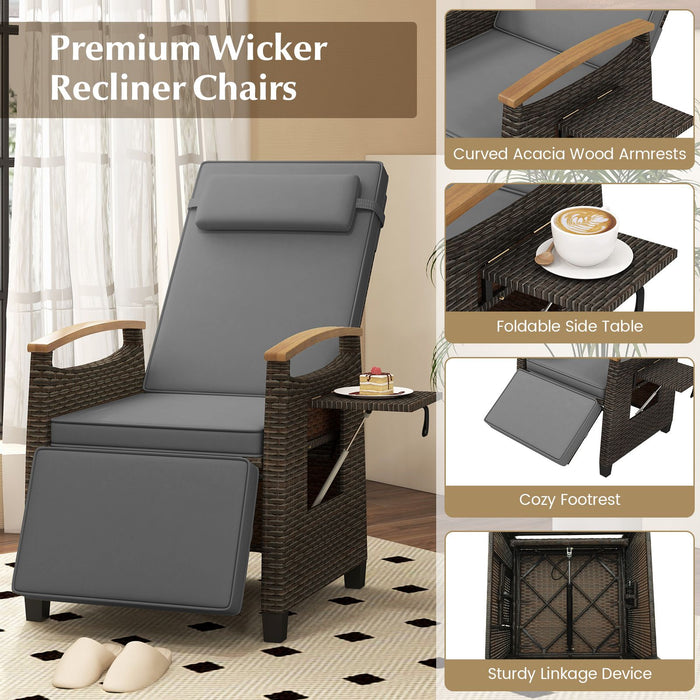 Patio Rattan Recliner Chair with Adjustable Backrest, Footrest & Flip Side Table