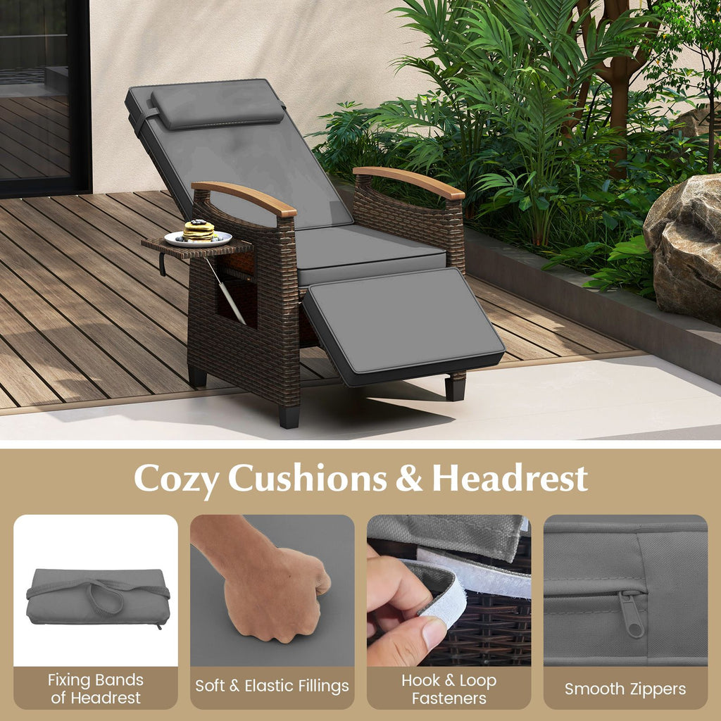 Patio Rattan Recliner Chair with Adjustable Backrest, Footrest & Flip Side Table