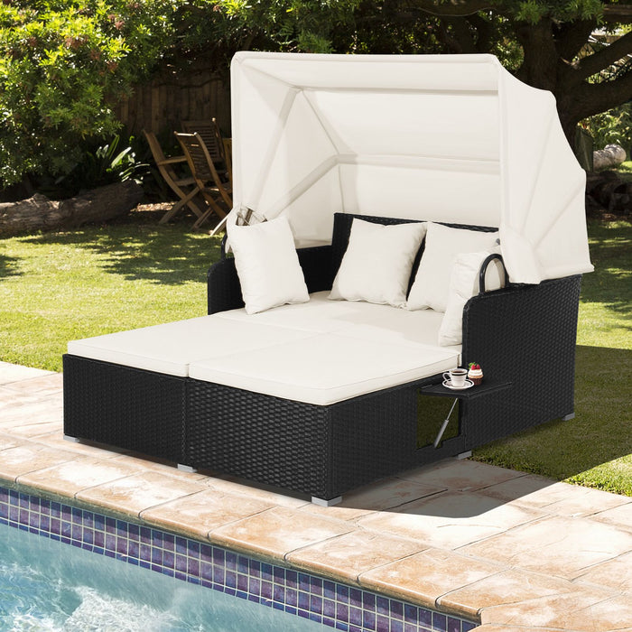 Rattan Daybed with Retractable Canopy, Cushions & Side Trays