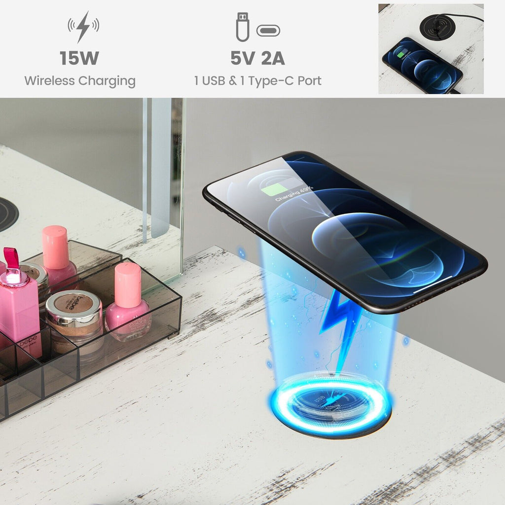 Vanity Table Set with 3-Color LED Lights Mirror and Charging Station
