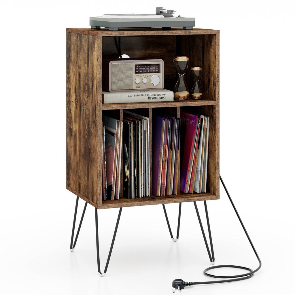 3-Tier Record Player Stand with Charging Station Shelf and 4 Dividers