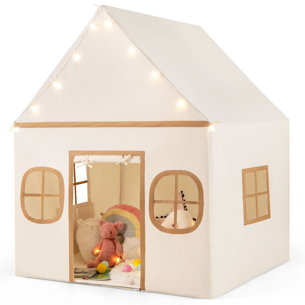 SEDOL Large Indoor Kids Playhouse with Plush Coral Velvet Mat and LED Star Lights Breathable Cotton-Blend Play Tent with Storage Pockets for Reading and Napping