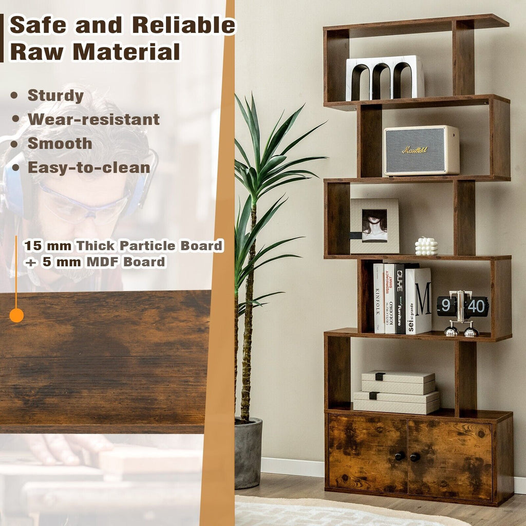 Industrial S-Shaped 5-Tier Bookcase with Cabinet