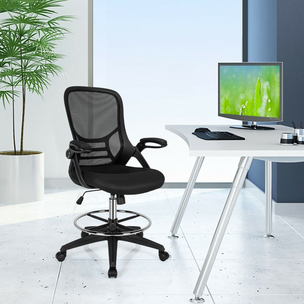 Mesh Drafting Chair with Flip-Up Armrests and Mid-Back Padded