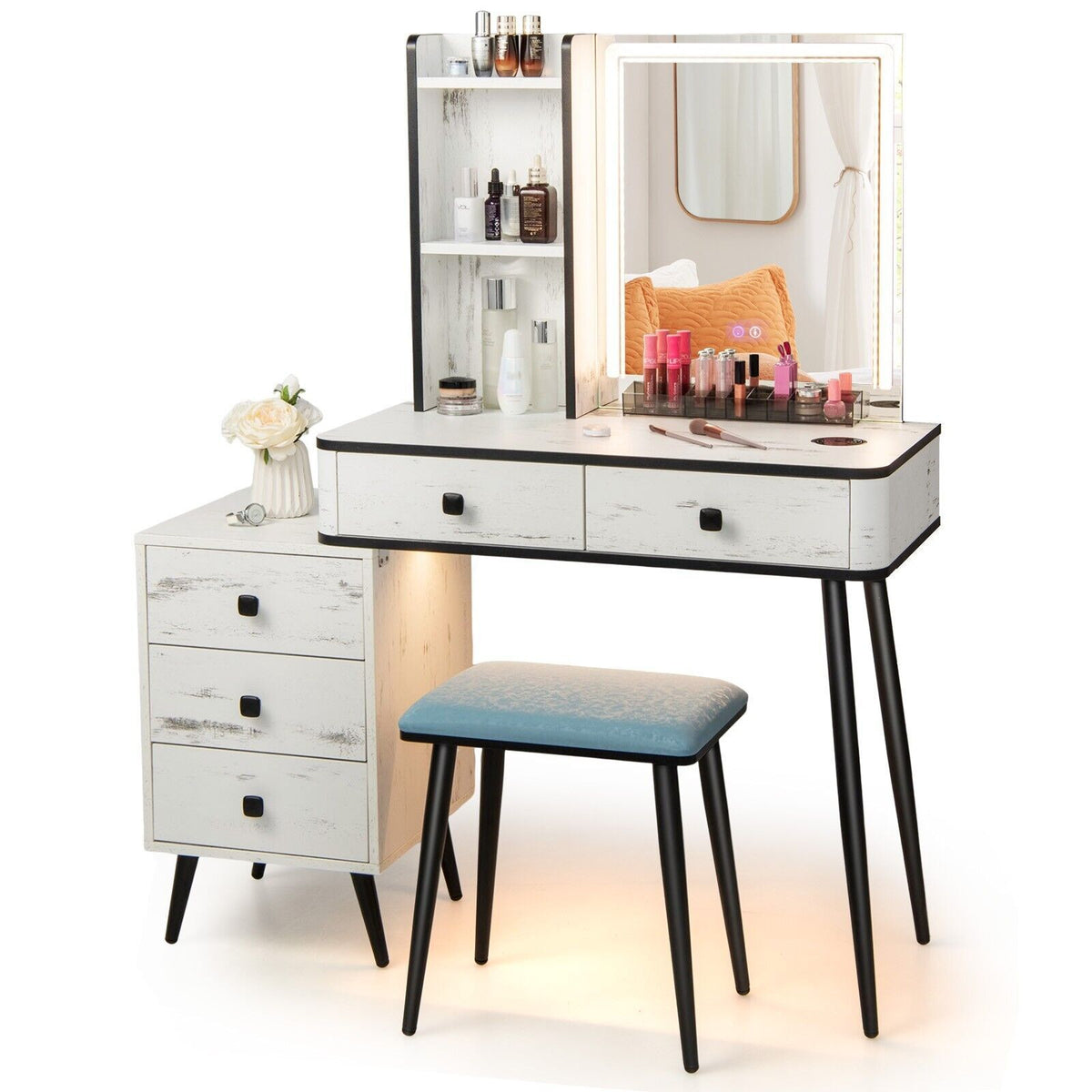 Vanity Table Set with 3-Color LED Lights Mirror and Charging Station