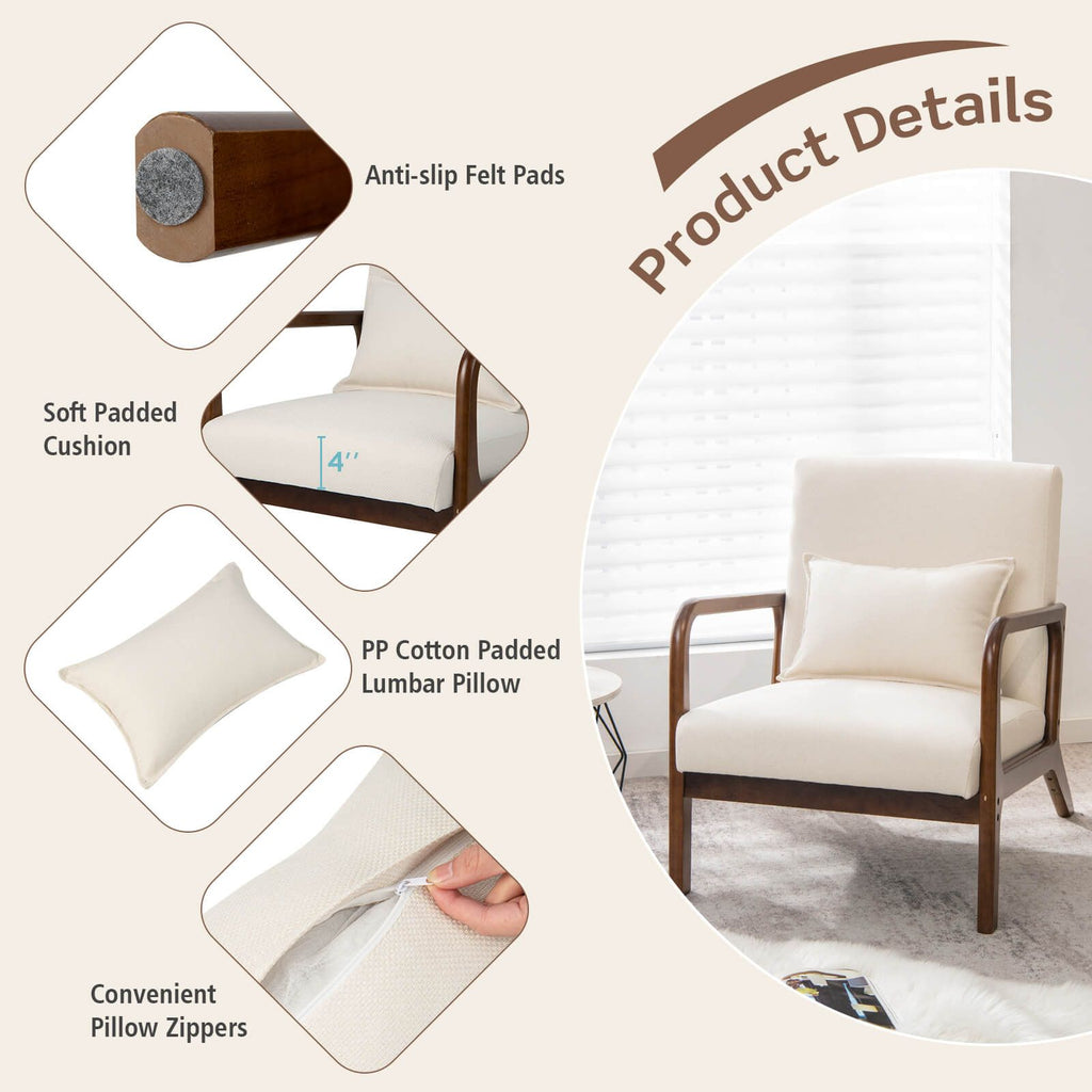 Modern Accent Chair with Lumbar Pillow and Rubber Wood Frame