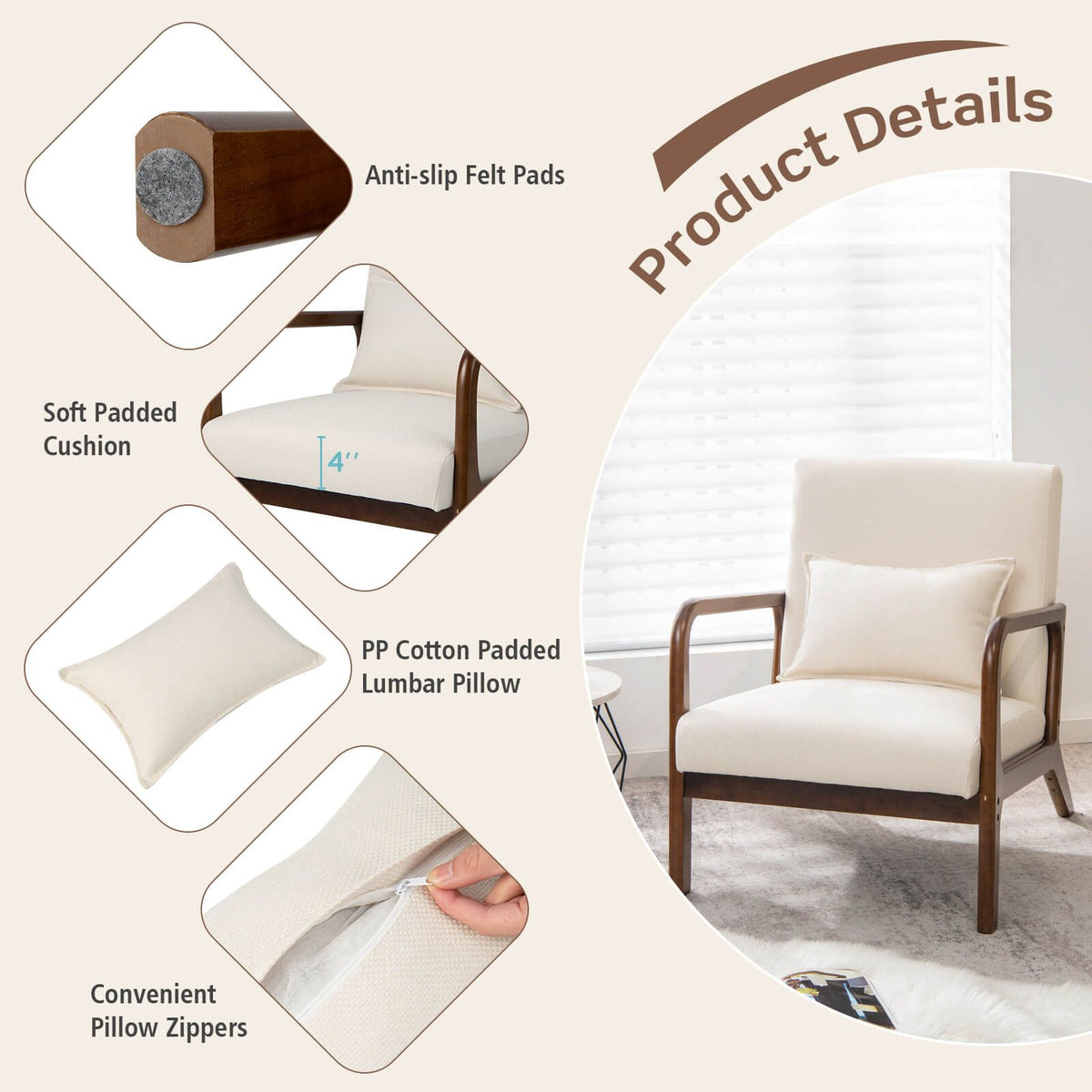 Modern Accent Chair with Lumbar Pillow and Rubber Wood Frame