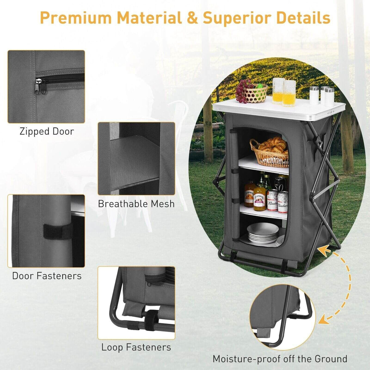 3-Tier Folding Camping Storage Cabinet with Side Pockets and Carry Bag
