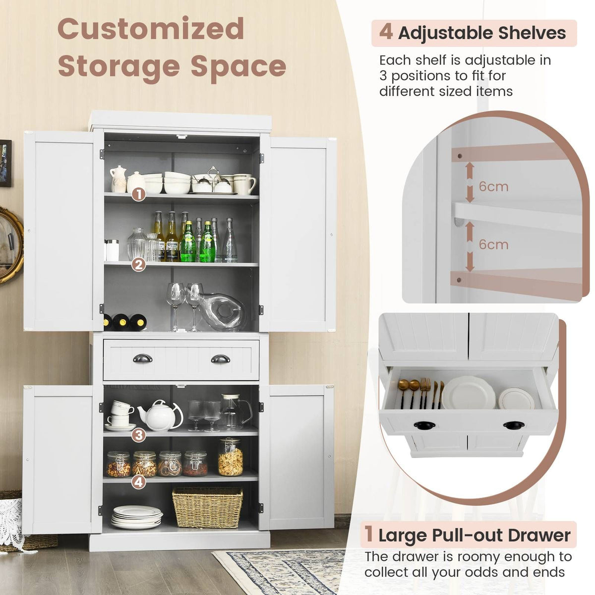 4-Door Tall Kitchen Cupboard Adjustable Shelves and Drawer