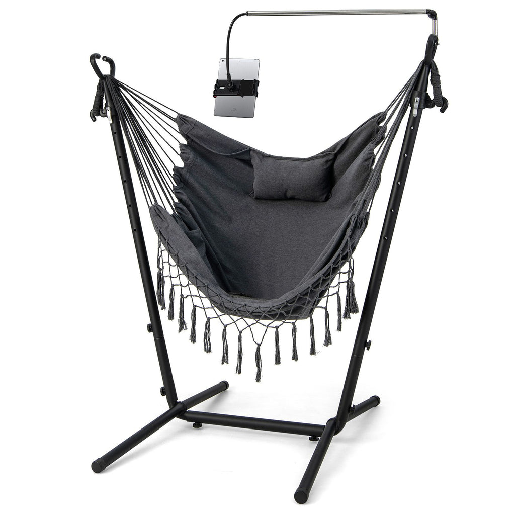 Hammock Chair with Stand – Adjustable Height, Phone Holder & Boho Tassels