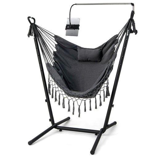 Hammock Chair with Stand – Adjustable Height, Phone Holder & Boho Tassels