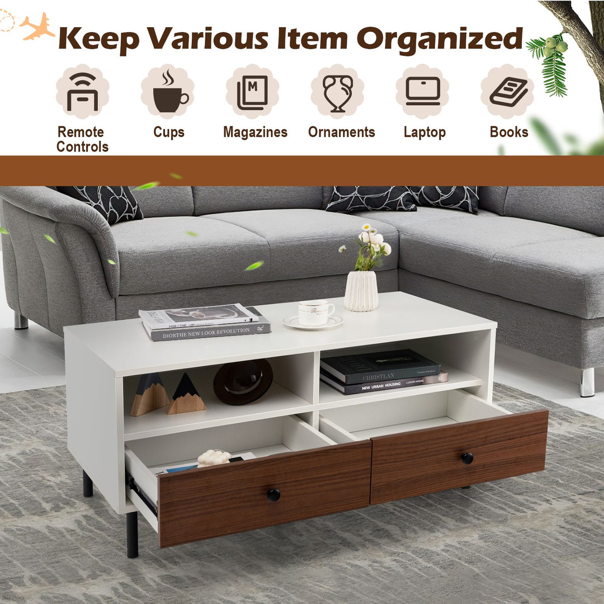 Rectangle Sofa Tea Table with Sturdy Metal Legs for Home Office