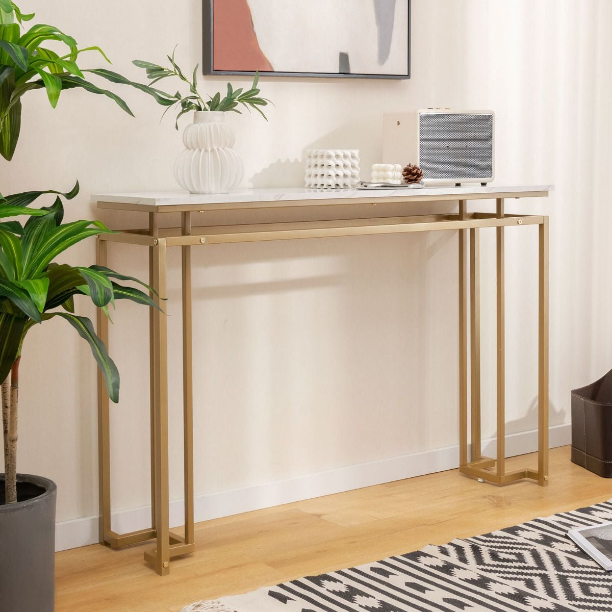 Gold Console Table – Faux Marble Top & Geometric Metal Frame