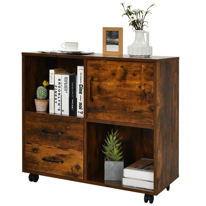 Home Office Mobile File Cabinet with 2 Drawers 2 Open Shelves and Door