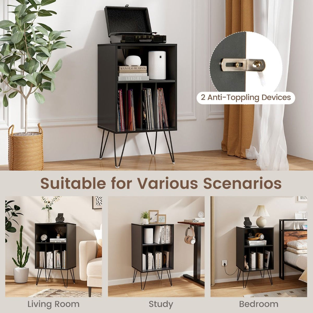 3-Tier Record Player Stand with Charging Station Shelf and 4 Dividers