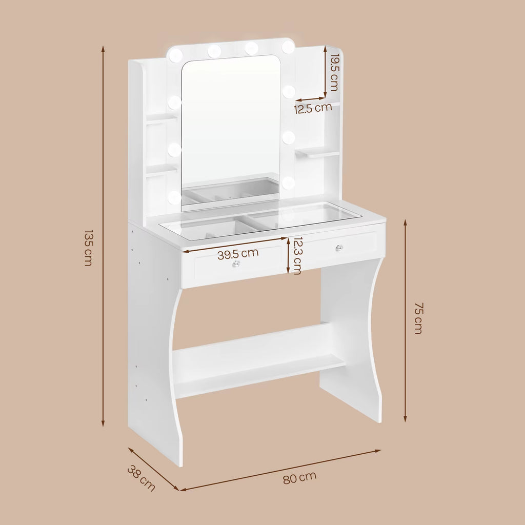 SEDOL Makeup Vanity with LED Lighted Mirror and Visual Glass Tabletop Modern Dressing Table with 2 Drawers and Removable Cube Storage Organizer White Bedroom Vanity