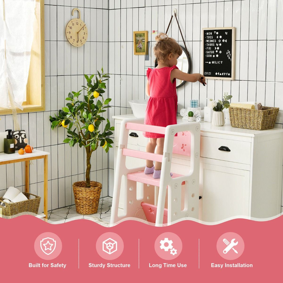SEDOL 2-in-1 Convertible Toddler Learning Tower & High-Step Stool 3-Level Adjustable Height Kitchen Helper with Double Safety Rails and Anti-Slip EVA Pads – 65kg Capacity