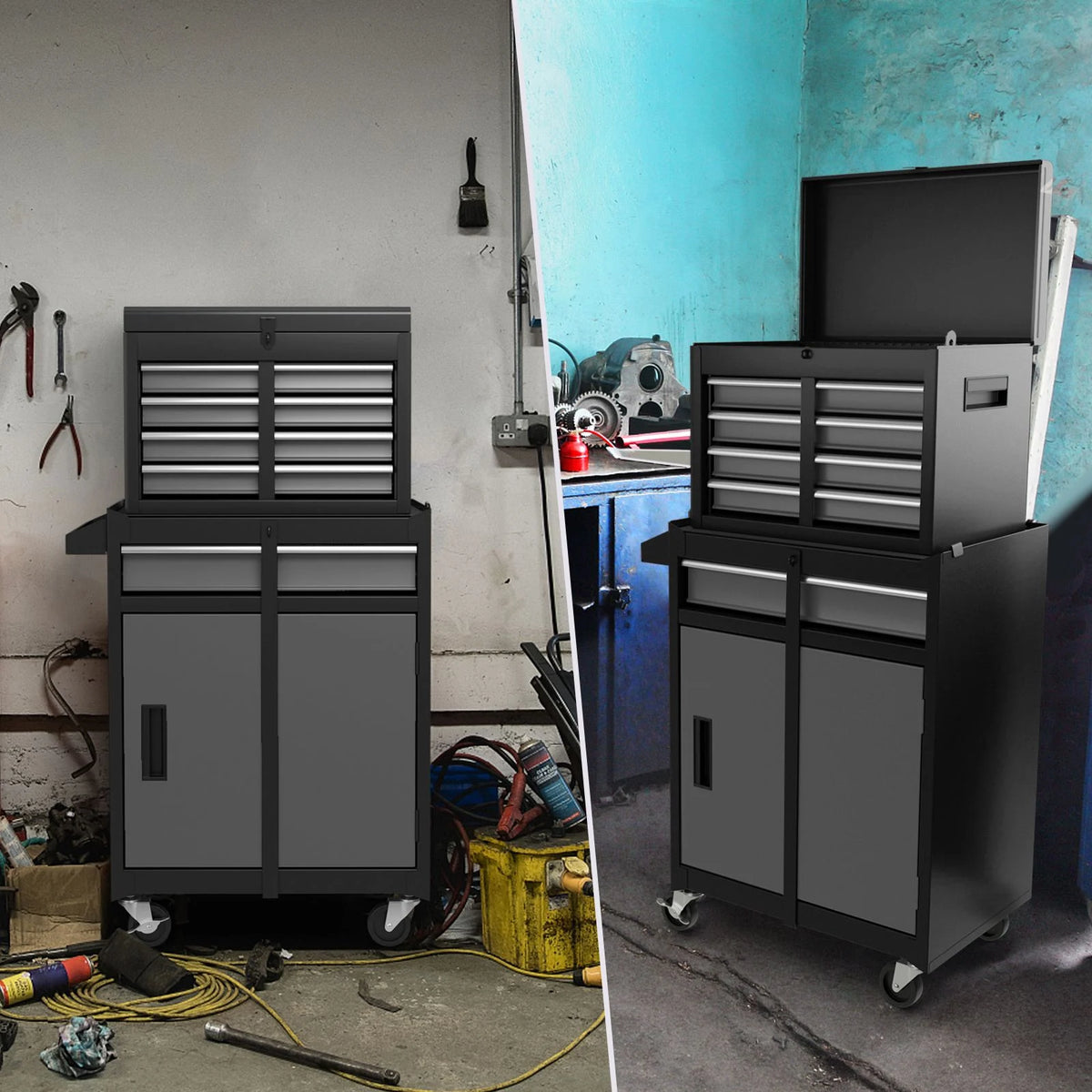 High-Capacity Rolling Tool Cabinet – Lockable Wheels, Metal 2‑in‑1 Chest & Base