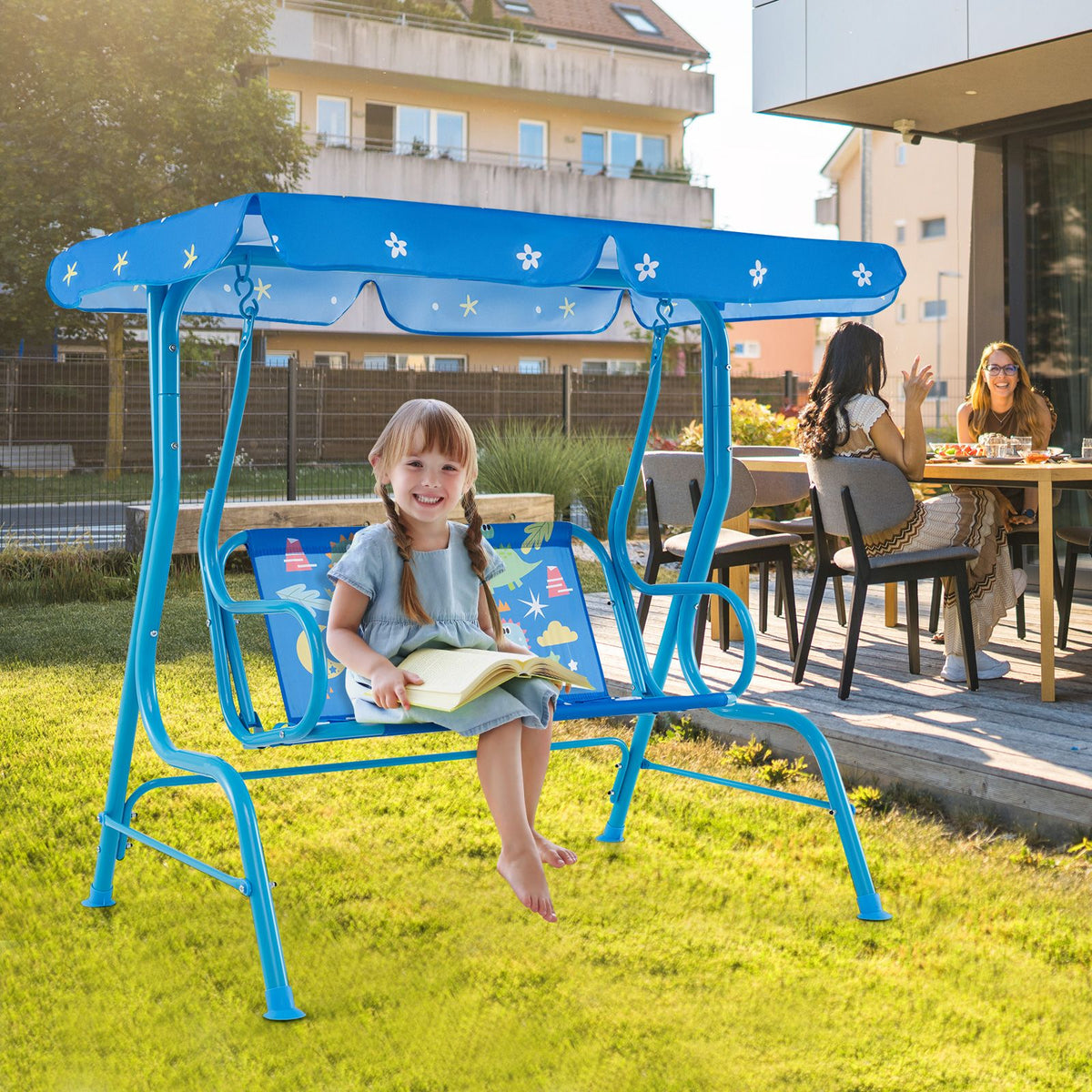 2-Seater Kids Swing Chair with Adjustable Canopy & Safety Belts