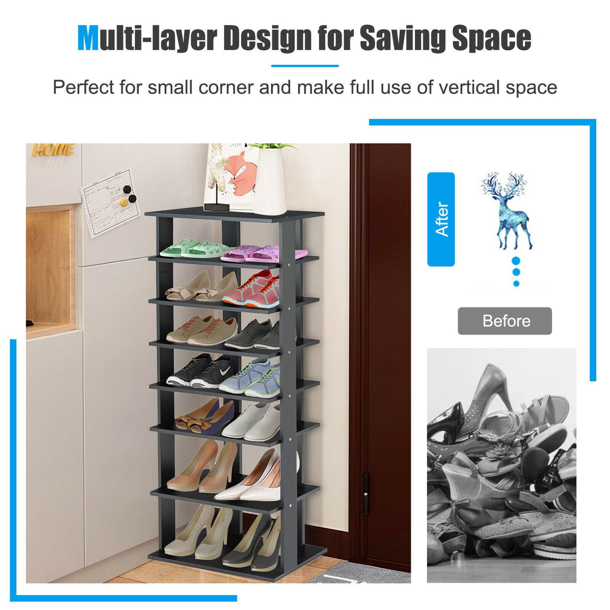 Extra Wide Wooden Vertical Shoe Rack with 7 Shelves