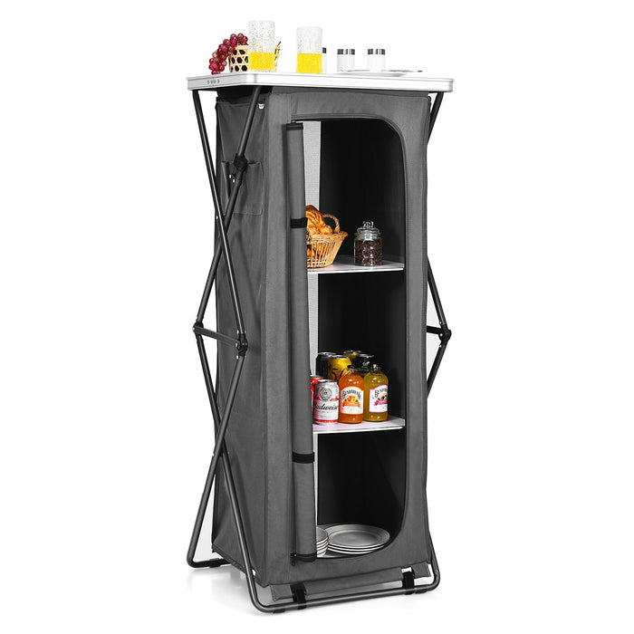 3-Tier Folding Camping Storage Cabinet with Side Pockets and Carry Bag
